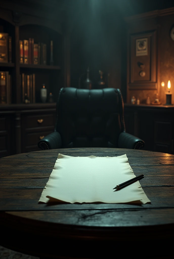 Image of a villain reception,just the table, a sheet of paper and pencils and villain stuff in the background