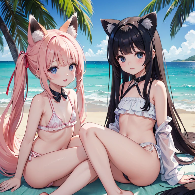 Two young children, A and B、under 、They are playing together naked。 
A’s appearance、Raccoon ears on head、Hair color is blue-gray、The hairstyle is short、Eye color is hawk brown、Wearing a collar with a blue ribbon、Has a raccoon tail on his butt。 
B’s appearance、Fox ears on head、Her hair is orange-yellow and her bangs are slightly flipped outwards.、Long hair、Eye color is hazel、She wears a pink ribbon collar、Has a fox tail on his butt。 
The background is a tropical beach with palm trees.、A composition that includes both people&#39;s entire bodies in the image、Both of them are posing cutely、Lesbian sex on the beach。 A so-called moe picture drawn using pen and watercolors.。