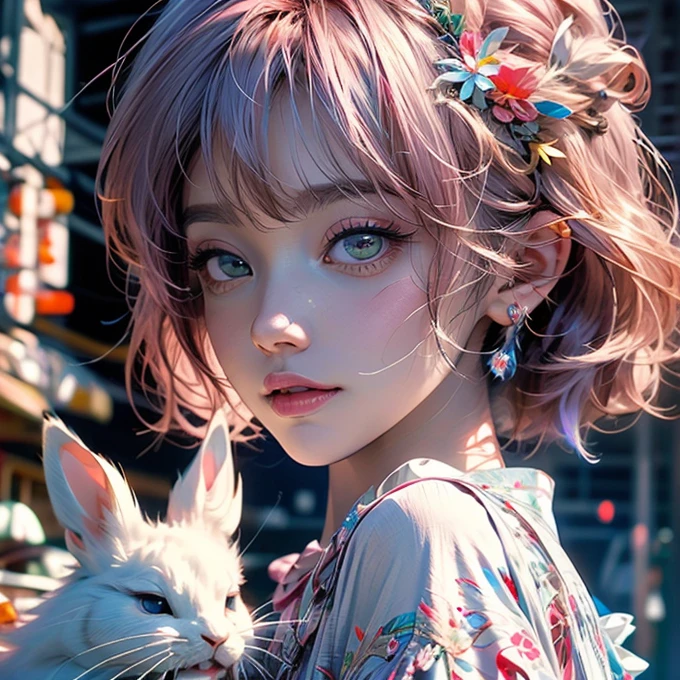 Pink Hair，Holding a white rabbit, Gu Weiss, Kuvshinov ilya, Kuvshinov, artwork in the style of Gu Weiss, Anime realism style, ( ilya Kuvshinov ), Anime style, realistic Anime art style, Anime art style, Anime atmosphere, anime-inspired, Anime Characters, Realistic anime 3D style, Anime Aesthetics