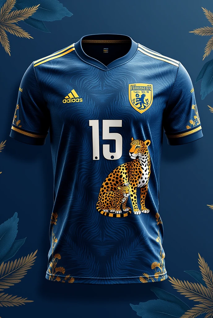Dark Blue Football Shirt Details :
blue-white leaves spread all over the shirt A jaguar sitting with her cubs,
with gold details on the front In the upper right a number 15 in white In the upper left a small golden tree 