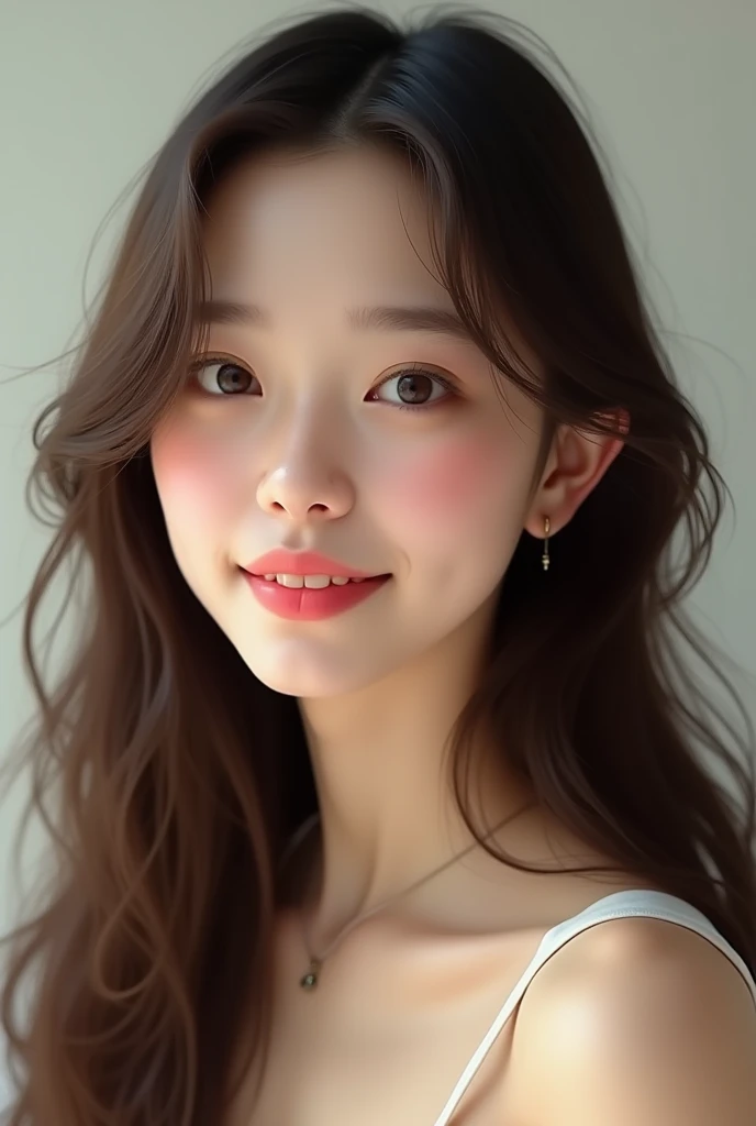 A 22 year old brunette woman with a round face and long hair