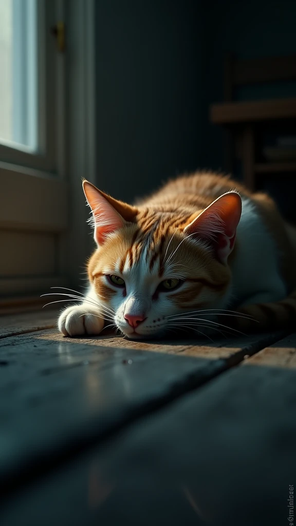  A scene of a cat with tears in its eyes, looking sad. The cat’s eyes are moist, with a tear gently rolling down its cheek. Its ears are pinned back, and its body is curled up, appearing lonely. The background is dimly lit, in a quiet room, accentuating the cat’s sorrow. The expression on the cat’s face conveys deep sadness and loneliness, creating a heart-wrenching atmosphere.
Look straight ahead、looking at the camera、Tears
.Realistic、4K.8k realistic cat and master