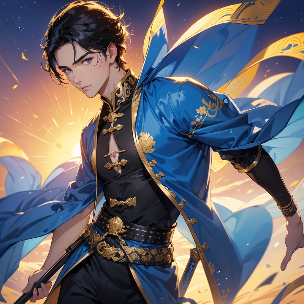 Handsome black-haired male holding a large sword in golden ancient Chinese costume, strolling among by the nemophila fields glowing blue, sunset, close up.