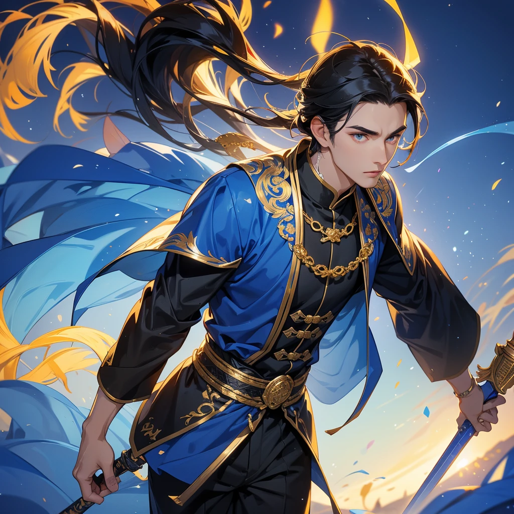 Handsome black-haired male holding a large sword in golden ancient Chinese costume, strolling among by the nemophila fields glowing blue, sunset, close up.