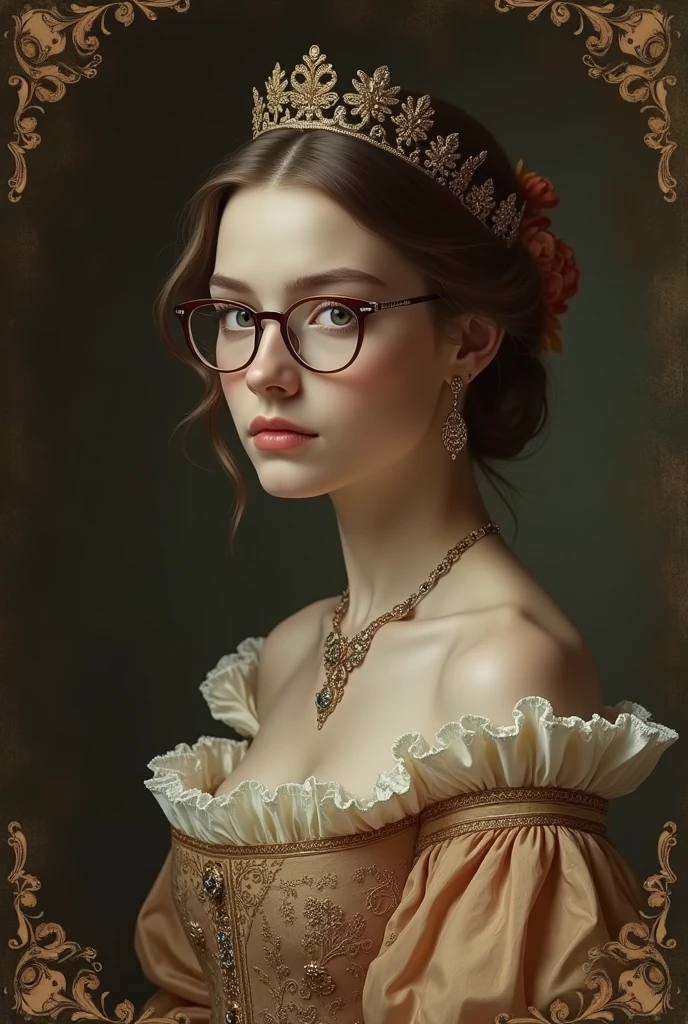 give me an old photo style image of a teenage girl in the baroque period, 
 dressed elegantly and wearing period glasses
