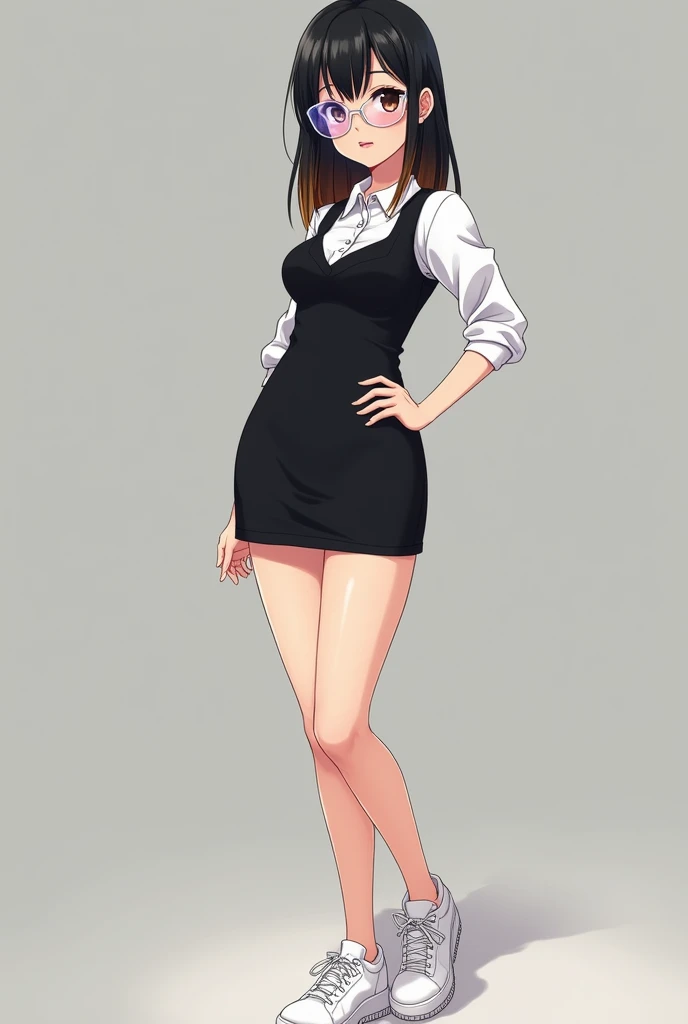 transparent colored big glasses, mini black bodycon vest dress and inside is a white 3/4 polo, standing like a model, shpulder level black hair with brown higkihjts at the end of the hair, thin pinkish lips, white sneakers and is pretty make her look like an anime character remove bangs, her hair is neat 