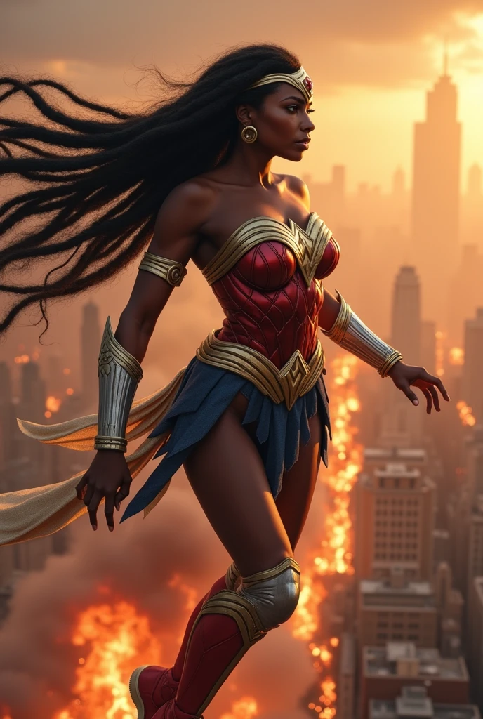 A beautiful black-skinned woman under the mantle of the Amazon warrior Wonder Woman long black hair Dreadlocks Silver-colored diaema with a red star Long golden bracelets Red boots flying over the city skyscrapers and buildings on fire Her right hand in front flying