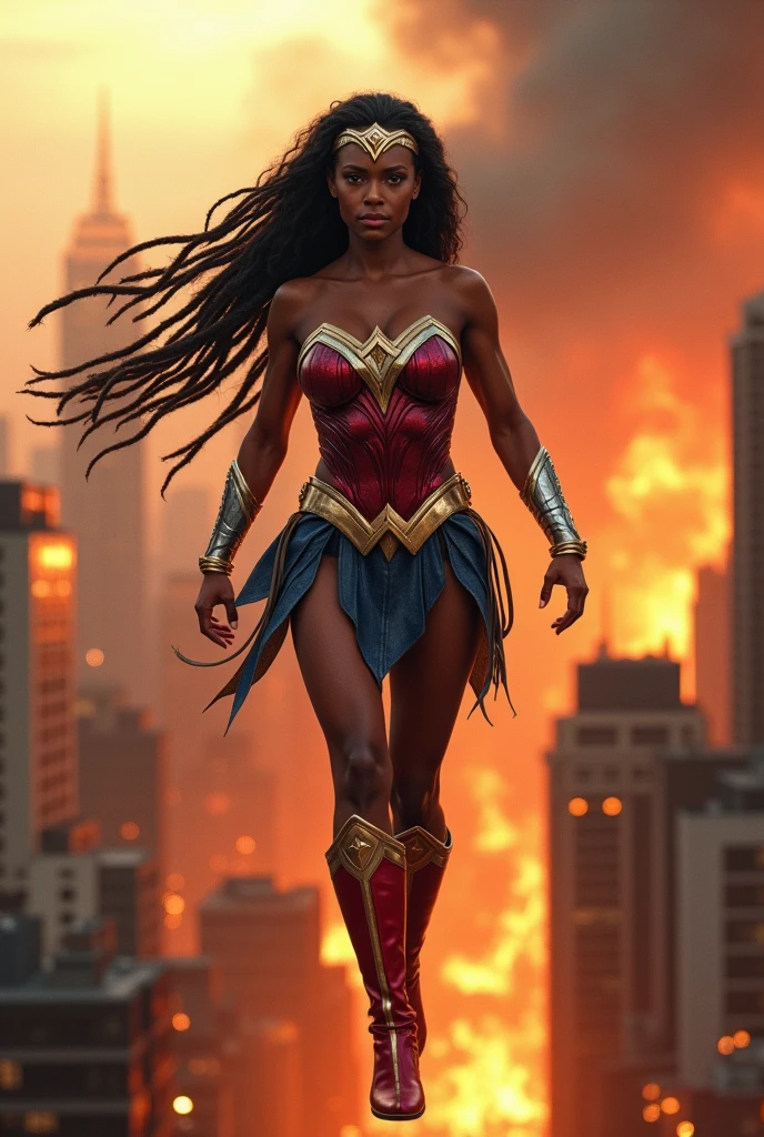 A beautiful black-skinned woman under the mantle of the Amazon warrior Wonder Woman long black hair Dreadlocks Silver-colored diaema with a red star Long golden bracelets Red boots flying over the city skyscrapers and buildings on fire Her right hand in front flying