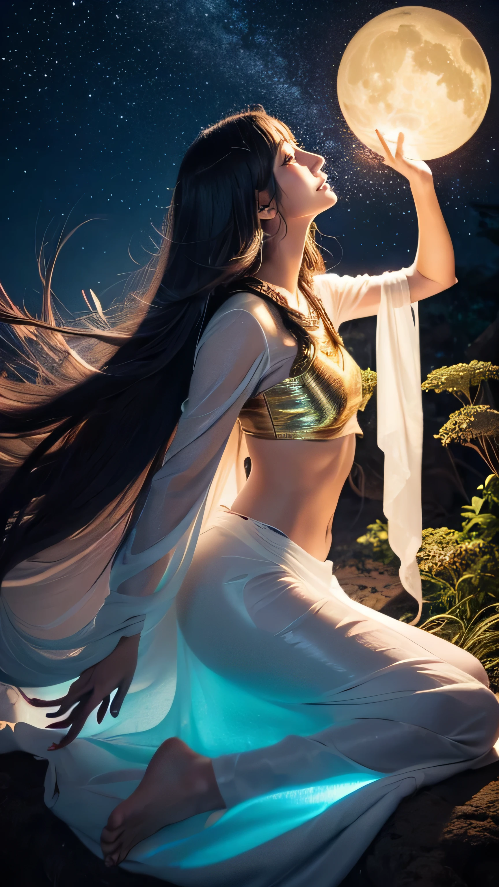 **Prompt:** Create an ultra-realistic 8K resolution image of Ittan-Momen, a mythical creature from Japanese folklore, reimagined as an ultimate fantasy figure while retaining its iconic features. The Ittan-Momen remains a long, ethereal white cloth that floats gracefully in the air, but now it is imbued with a magical, otherworldly glow. The cloth shimmers with a soft, iridescent light, and its edges are adorned with intricate golden patterns that sparkle as it moves.
At the heart of this flowing fabric, a beautiful, mystical face emerges, with delicate features, glowing eyes that radiate wisdom, and a serene expression that exudes both power and grace. Her hair is long and flowing, merging seamlessly with the fabric, and adorned with tiny, twinkling stars that create a celestial effect. The background is an enchanting, moonlit forest with ancient trees and glowing flowers, creating a magical atmosphere that complements the fantastical nature of the transformed Ittan-Momen. The scene captures the essence of fantasy and mysticism, bringing the legendary creature into a realm of ultimate enchantment.