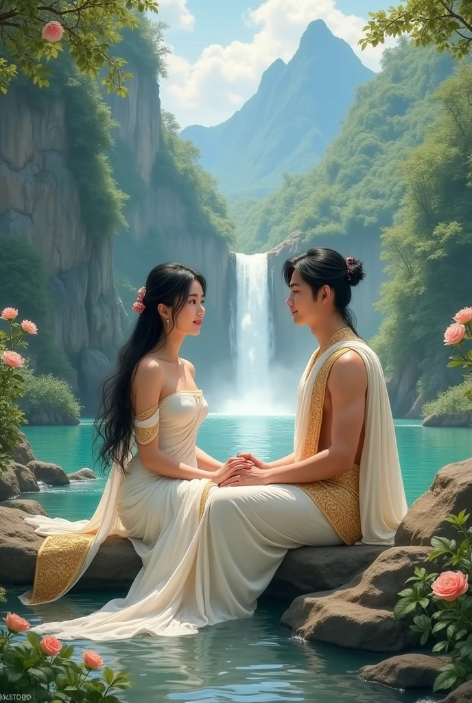 full lenght 4 k By the waterfall flowing down from the high mountain A beautiful young woman, gentle and sweet, long black hair flowing, wearing a white Dusit Thai dress, strapless, glowing in the light, wearing a gold and white pink sarong, a white shawl, and a young man who looks like Luo Yunxi, no shirt, wearing a white and gold sari, long black hair tied loosely, sitting and hugging the young woman, looking at the waterfall, the beautiful morning atmosphere, the freshness of the green atmosphere of the love flower section, by the small stream, oil painting, modern painting, art painting by Professor Chalermchai