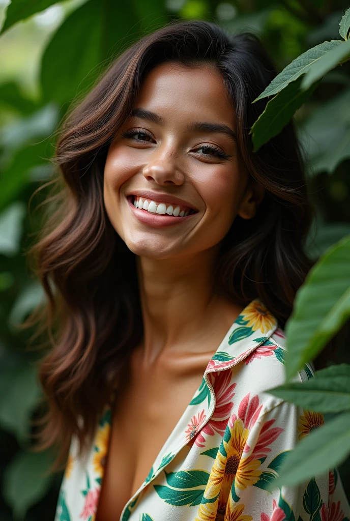 A Brazilian woman in a lush tropical garden, wearing an open shirt with a floral print, with a close-up capturing the harmonious beauty between her breasts and the natural flowers, showing off your natural charm and outgoing personality.