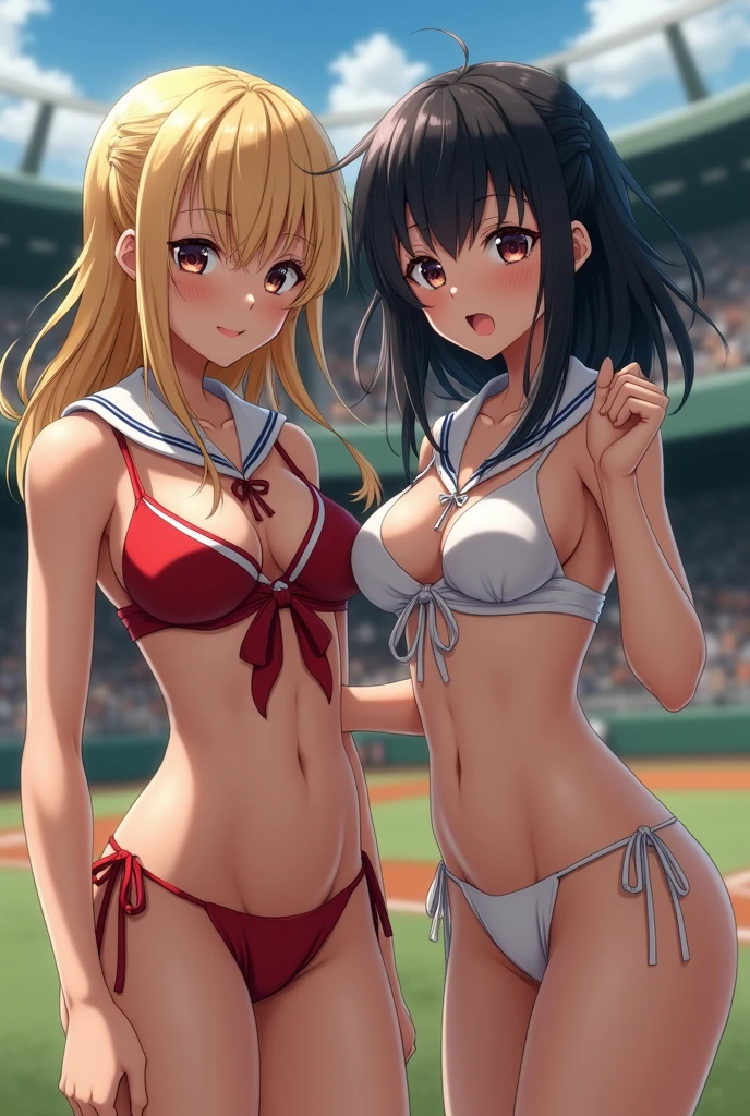 masterpiece, absurdres, (2girls:1.5) (1russian girl, blonde:1.3), (1japanese girl, black hair:1.3), embarrassed smile, looking at viewer, collar, sailor collar, naked body, sling_bikini, cowboy shot, in the baseball stadium, bokeh