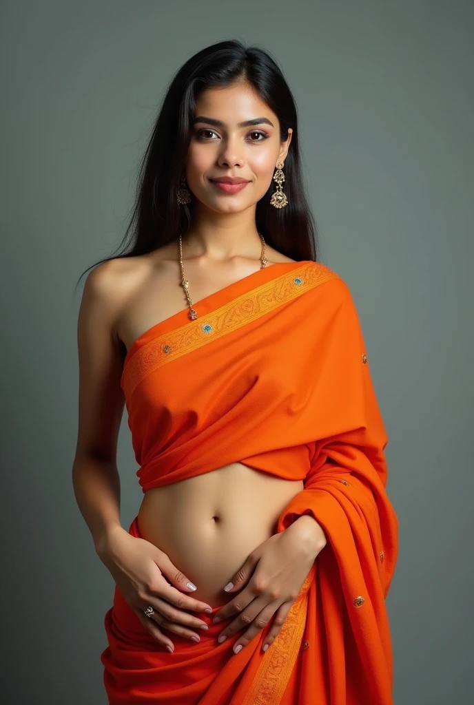 A bangladeshi healthy women wearing saree without blouse and showing her navel