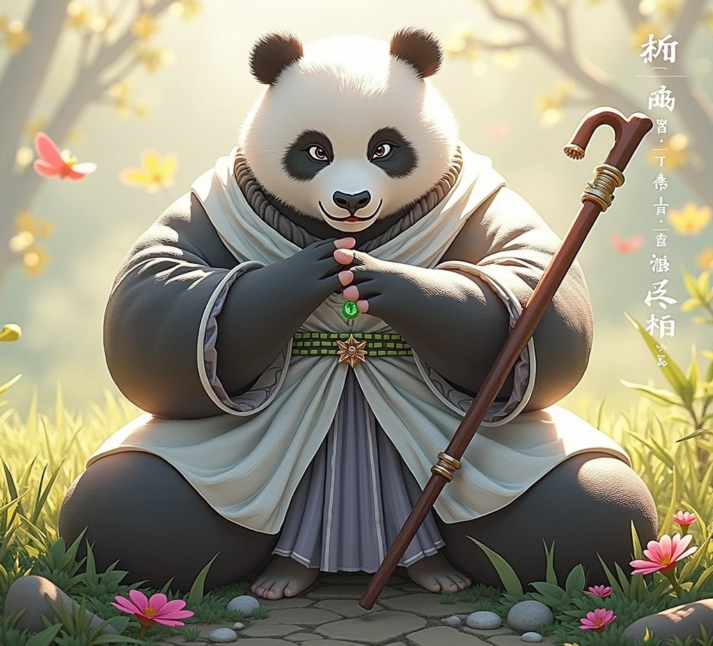 (masterpiece, top quality, best quality, official art,beautiful and aesthetic:1.2),(4k,8k, best quality,masterpiece:1.2),(((white background))), solo,Game character, the panda person, a game character inspired by pandas, wearing a black and white robe, adorned with a jade bead necklace and bracelet, viewed from multiple angles including back view and side view, holding a cane. The structure is clear and accurate, with a modern realistic representation and consistent lighting that looks natural and believable.