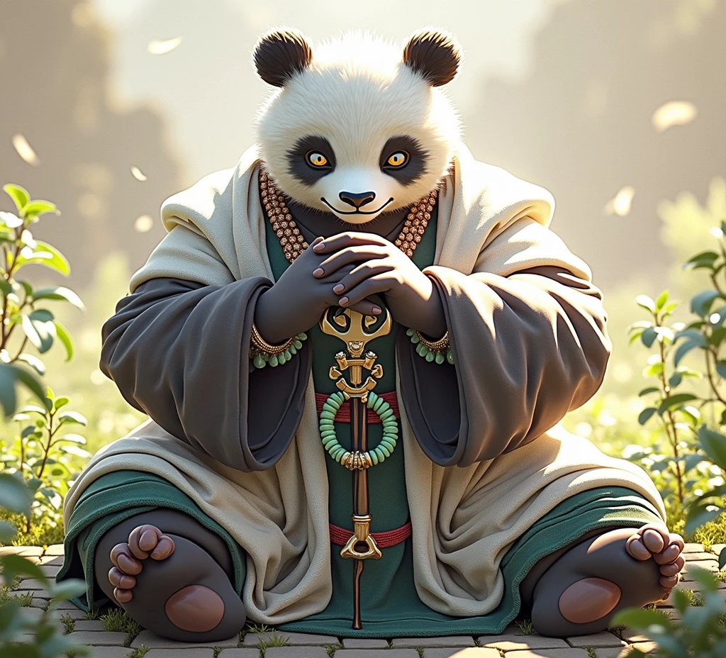 (masterpiece, top quality, best quality, official art,beautiful and aesthetic:1.2),(4k,8k, best quality,masterpiece:1.2),(((white background))), solo,Game character, the panda person, a game character inspired by pandas, wearing a black and white robe, adorned with a jade bead necklace and bracelet, viewed from multiple angles including back view and side view, holding a cane. The structure is clear and accurate, with a modern realistic representation and consistent lighting that looks natural and believable.