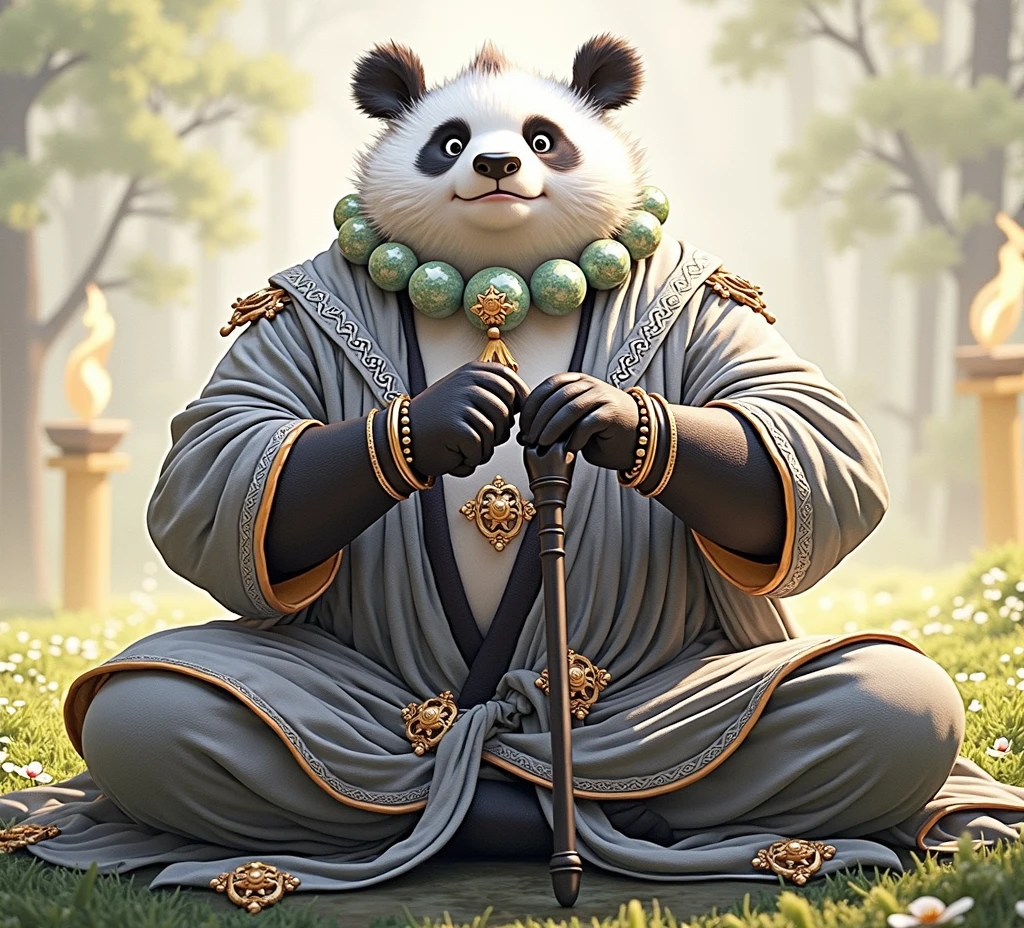 (masterpiece, top quality, best quality, official art,beautiful and aesthetic:1.2),(4k,8k, best quality,masterpiece:1.2),(((white background))), solo,Game character, the panda person, a game character inspired by pandas, wearing a black and white robe, adorned with a jade bead necklace and bracelet, viewed from multiple angles including back view and side view, holding a cane. The structure is clear and accurate, with a modern realistic representation and consistent lighting that looks natural and believable.