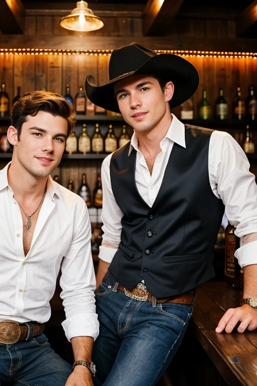 Young handsome cute beautiful skinny white face without cowboy shirt sitting next to a man dressed as a black millionaire cowboy in a dark bar serving beer
