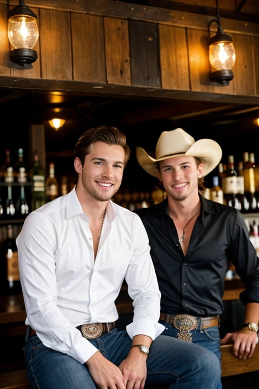 Young handsome cute beautiful skinny white face without cowboy shirt sitting next to a man dressed as a black millionaire cowboy in a dark bar serving beer