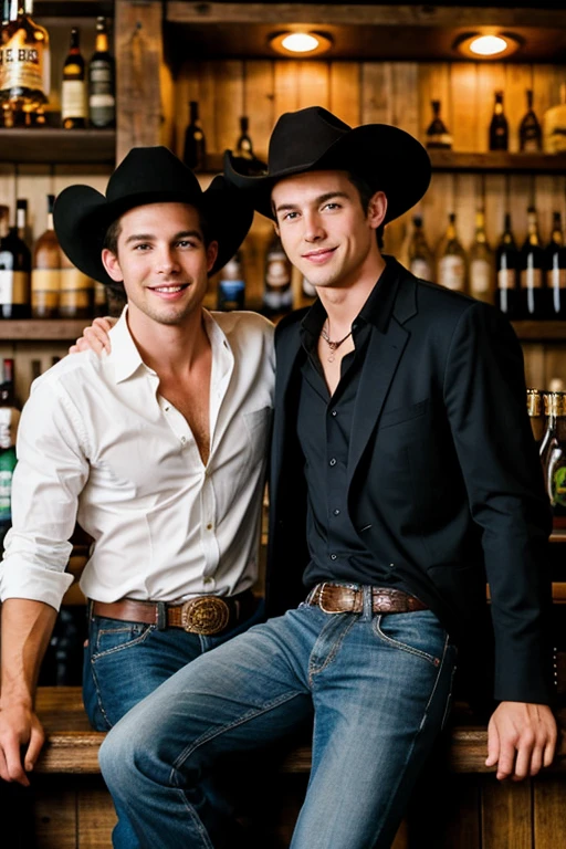 Young handsome cute beautiful skinny white face without cowboy shirt sitting next to a man dressed as a black millionaire cowboy in a dark bar serving beer