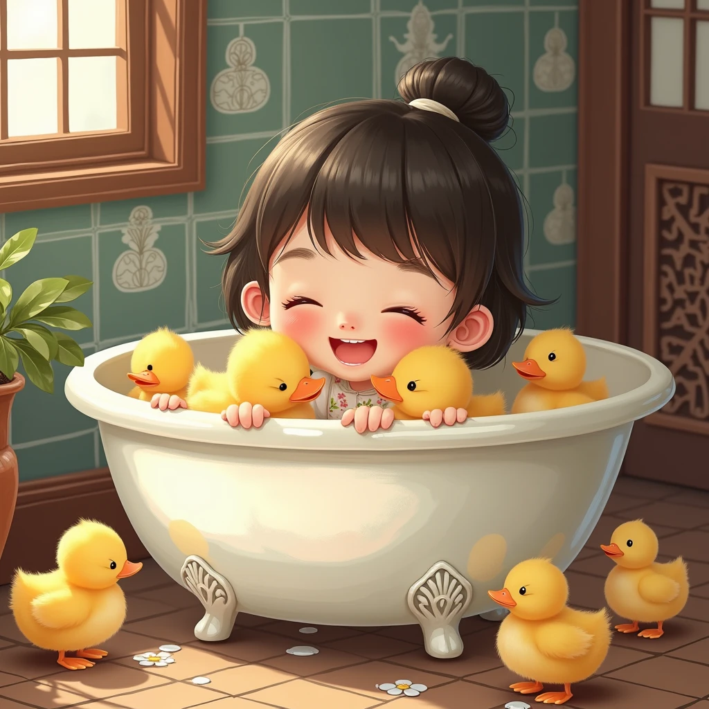 Lovely China,Playing with ducklings in the bathtub
