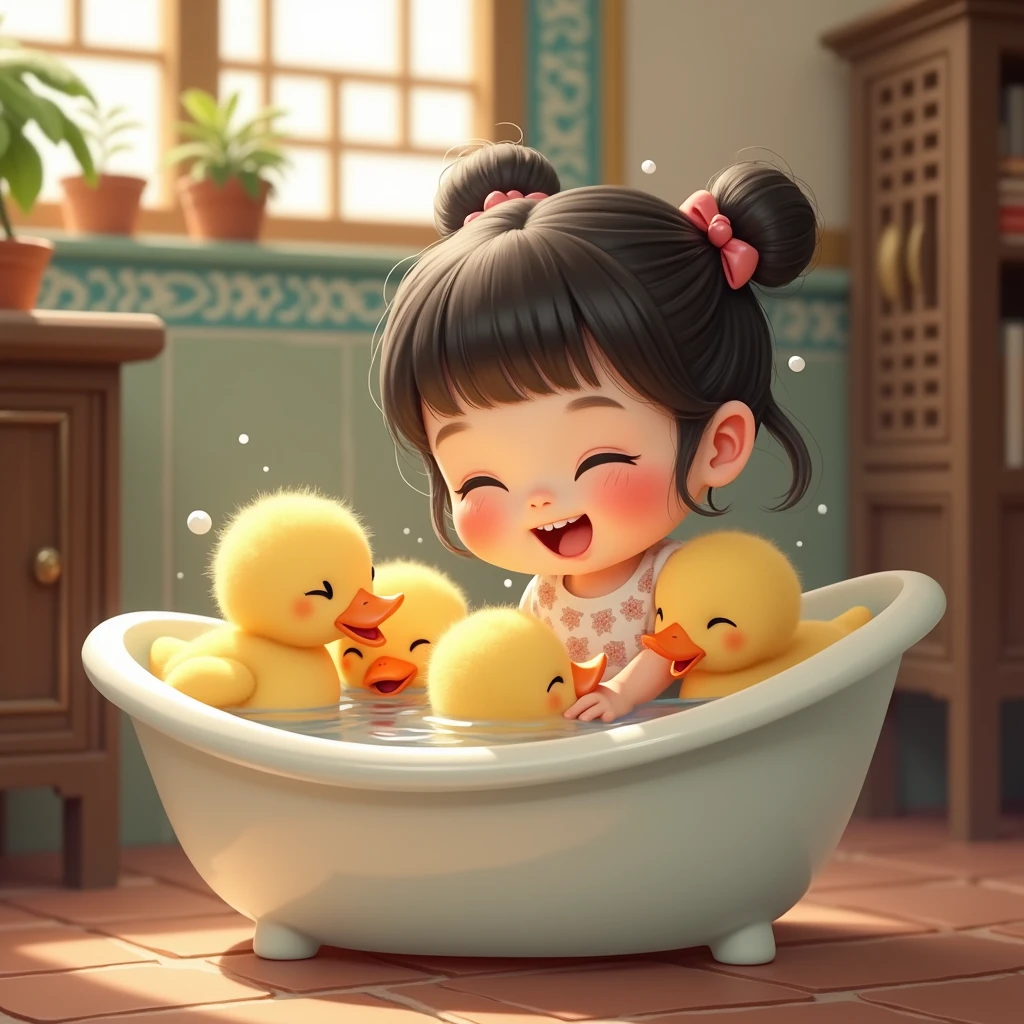 Lovely China,Playing with ducklings in the bathtub