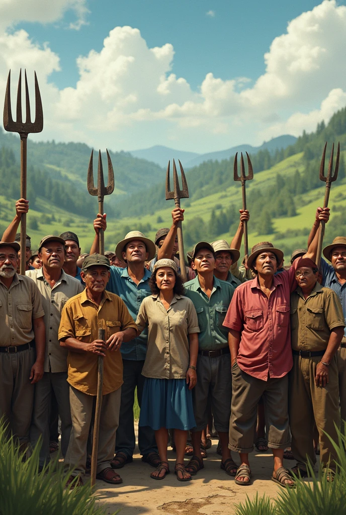 Generates an image of the agrarian reform August 2, 1953 people with their tools looking forward