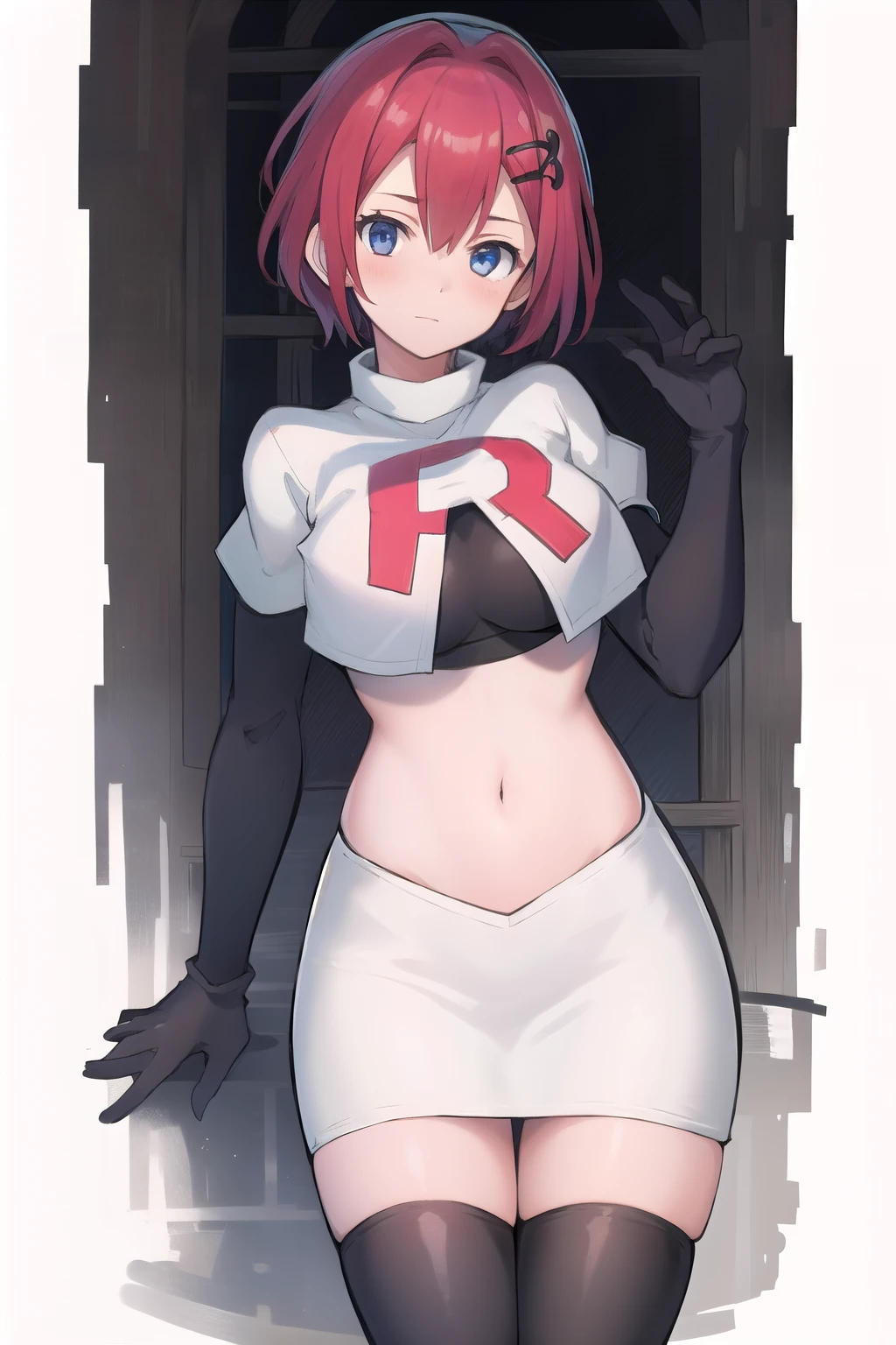 best quality, (masterpiece:1.2), illustration, absurdres, (1girl, solo, beautiful detailed girl),
Emily, short hair, red hair, hair ornament, hairclip, blue eyes, medium breasts,
garrison cap, team rocket,team rocket uniform,white skirt,red letter R,crop top,black thigh-highs,black elbow gloves,
field, sky, clouds, distant mountains,
looking at viewer, 