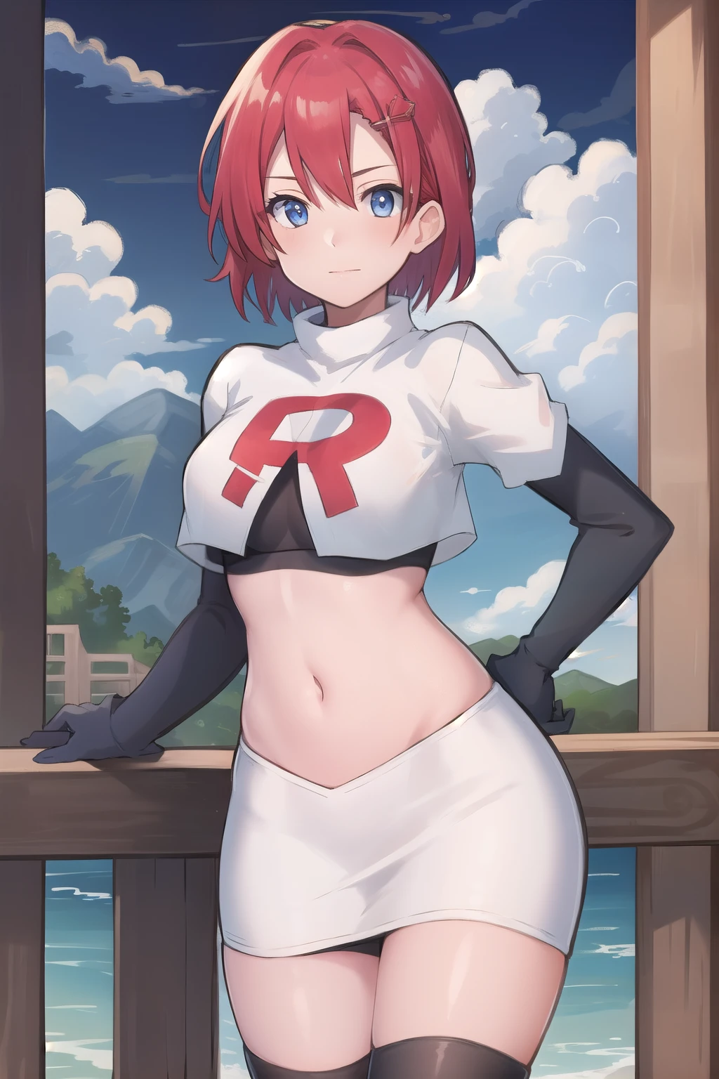 best quality, (masterpiece:1.2), illustration, absurdres, (1girl, solo, beautiful detailed girl),
Emily, short hair, red hair, hair ornament, hairclip, blue eyes, medium breasts,
garrison cap, team rocket,team rocket uniform,white skirt,red letter R,crop top,black thigh-highs,black elbow gloves,
field, sky, clouds, distant mountains,
looking at viewer, 