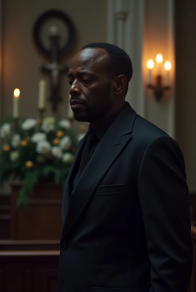 black man at a funeral with sad expression 