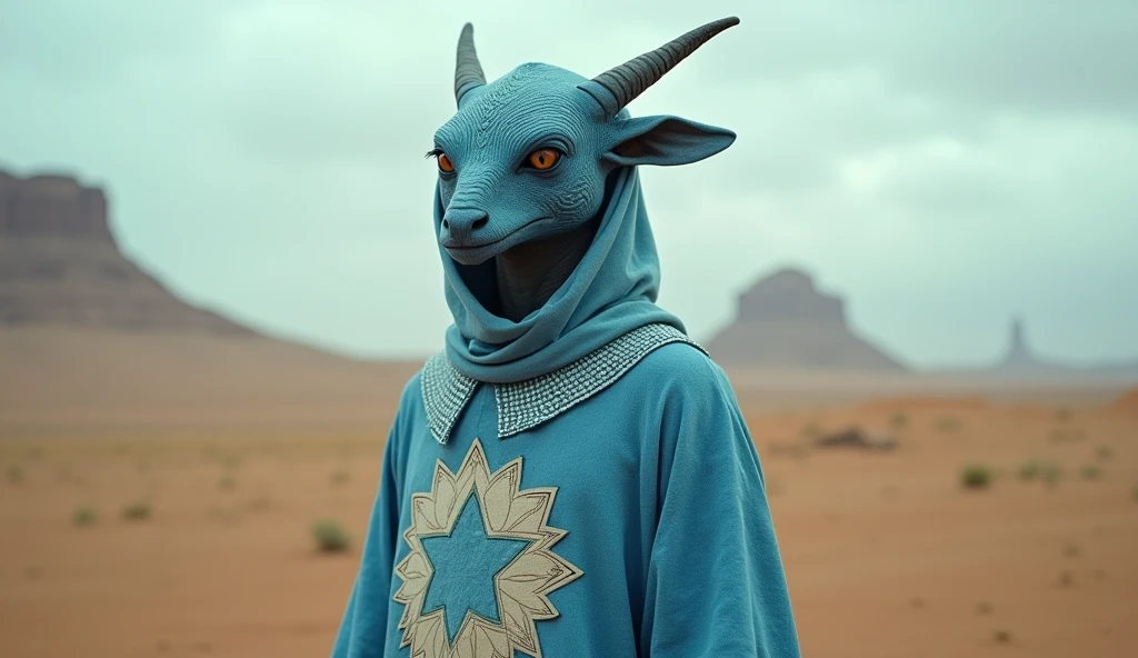 Somalia as an african League of Legend creature in light blue with a white five-pointed star. Intricated clothing. Cinematic Fantasy sci-fi landscape background