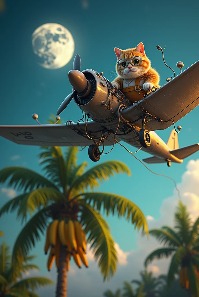 Create a video of a cat working as an electrician fixing a plane that is flying around the moon,and the plane almost hit a coconut tree that had bananas hanging from it