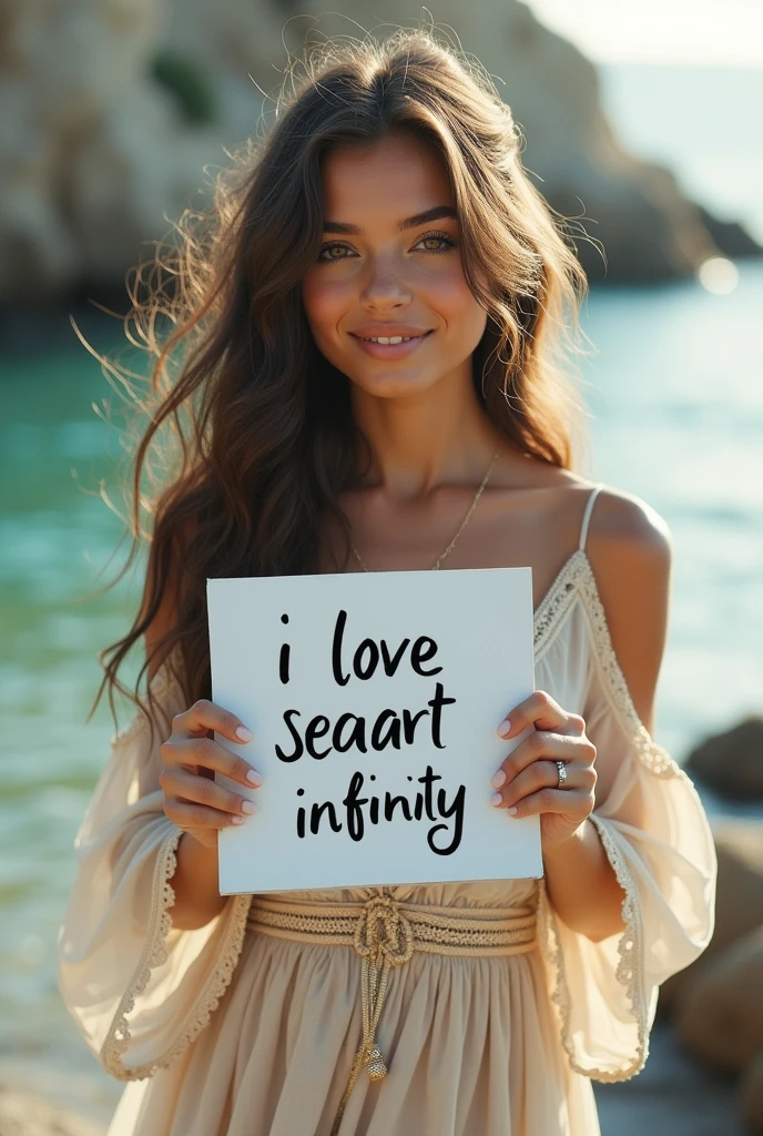 Beautiful girl with wavy long hair, bohemian dress, holding a white board with text "I Love Seaart Infinity" and showing it to the viewer