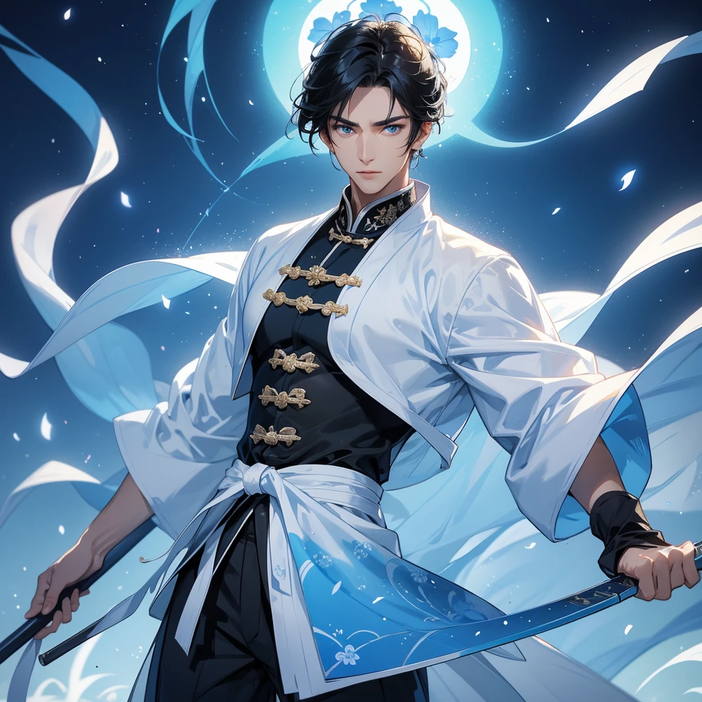 Handsome black-haired male holding a large sword in white ancient Chinese costume, strolling among by the nemophila fields glowing blue,, close up.
