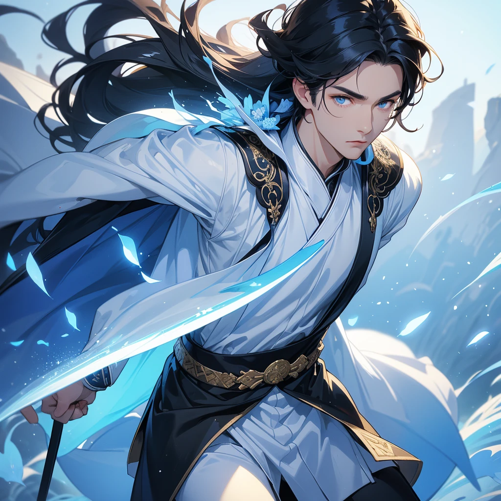 Handsome black-haired male holding a large sword in white ancient Chinese costume, strolling among by the nemophila fields glowing blue,, close up.