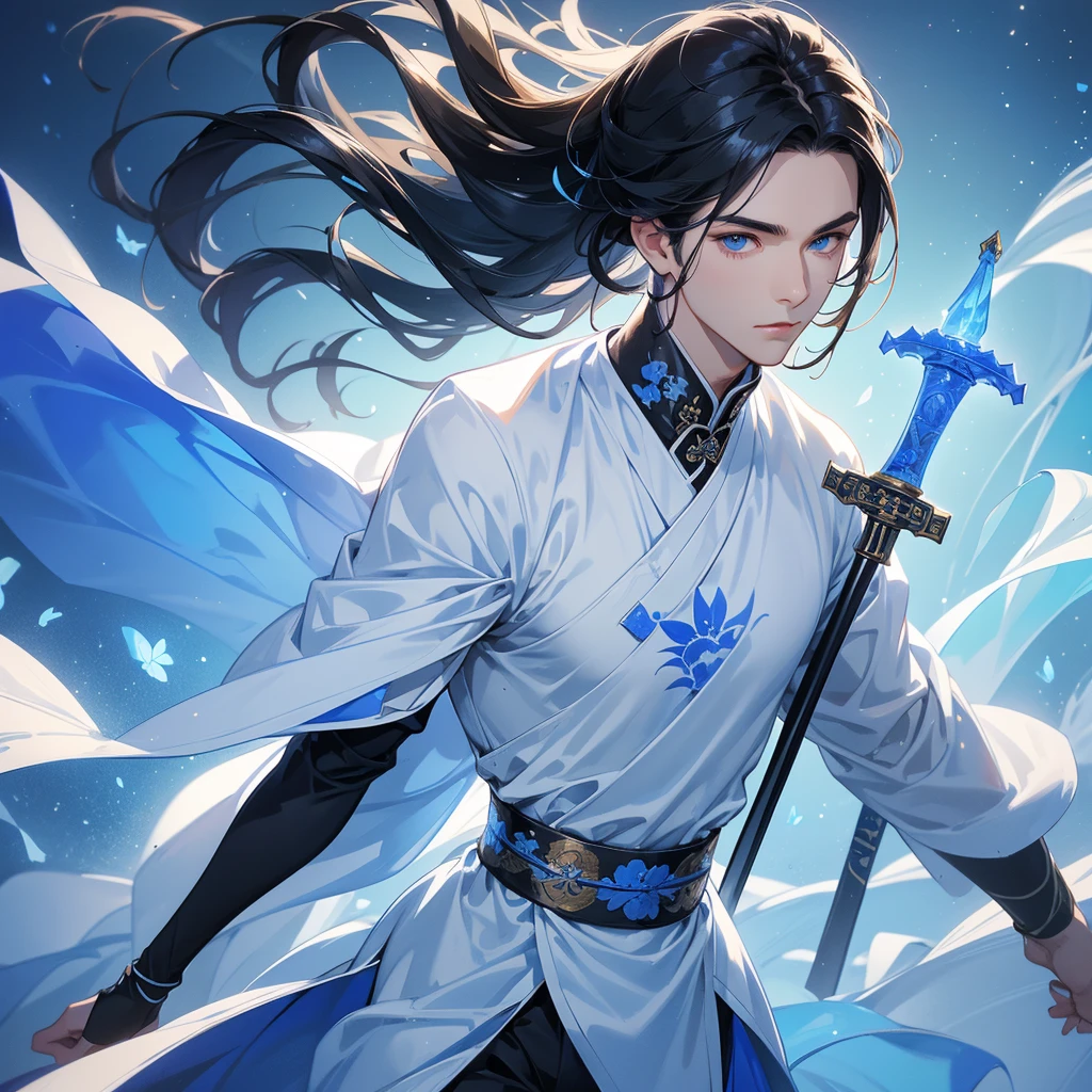 Handsome black-haired male holding a large sword in white ancient Chinese costume, strolling among by the nemophila fields glowing blue,, close up.