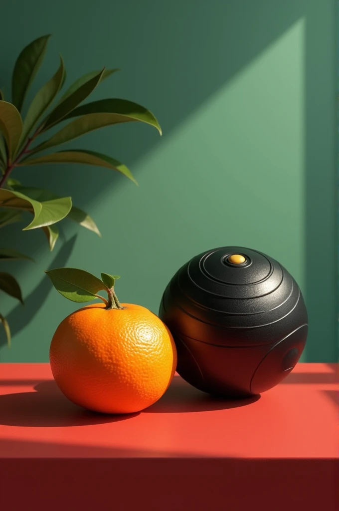 A still life of a tangerine and a judo ball behind the tangerine, with a green wall in the background, on a red table , that looks like a family home 
