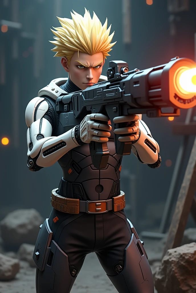 3d guy resembling genos from one punch Man aiming with a gun