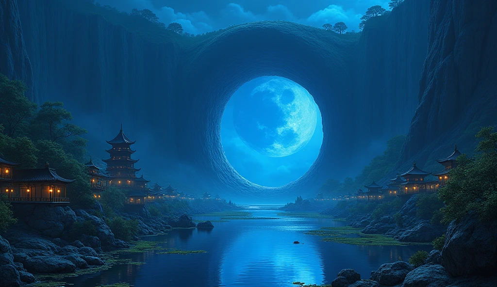 abyss, inside the abyss a negative hole with blue tones reflected in the river water, with a mechanical army and on the other side a Chinese garden at night with the moon and many stars.