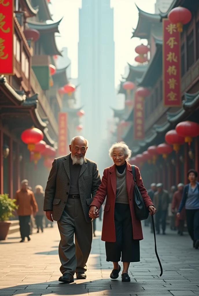 Two people, one old and one young, Hand in hand, hand over the torch, symbolizing inheritance and warmth The background is a Chinese-style palace building