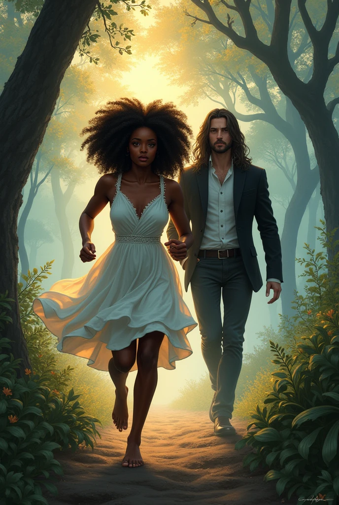 In the 1970&#39;s a young dark black woman, of thick build, dark coffee laughs, white light dress, barefoot, with sea-colored eyes that stand out, running through a foggy but beautiful forest. Her skin shines in the sunset. Behind her is a young white man, pale, haggard, But very handsome, black suit dress, has long black hair, looking at her with admiration while smoking.  Reference man, Finn Wolfhard