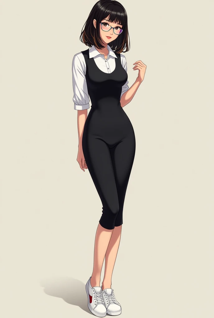 transparent colored big glasses, mini black bodycon vest dress and inside is a white 3/4 polo, standing like a model, shpulder level black hair with brown higkihjts at the end of the hair, thin pinkish lips, white sneakers and is pretty make her look like an anime character remove bangs, her hair is neat , Remove the bangs