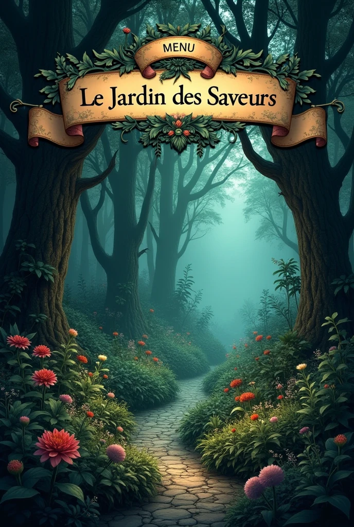 that same image, but that the top part says Menu and that it also says Le Jardin des Saveurs. Let it be an image of a dark but magical garden but as if it were for a menu and it says Le Jardin des Saveurs.