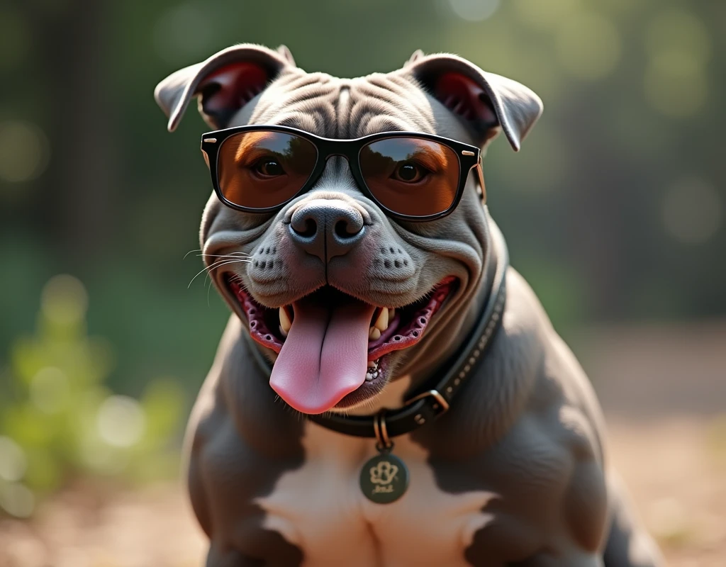 lead colored american bully dog wearing sunglasses and sticking out tongue in real life