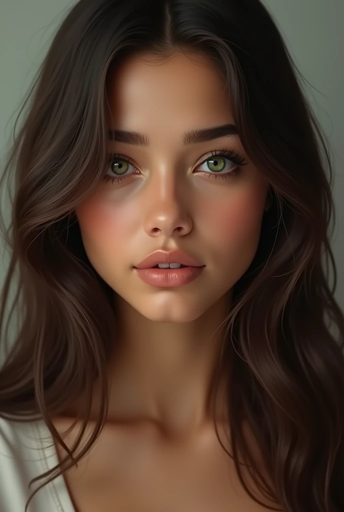 Latina woman 20 years old brunette green eyes hyperrealistic