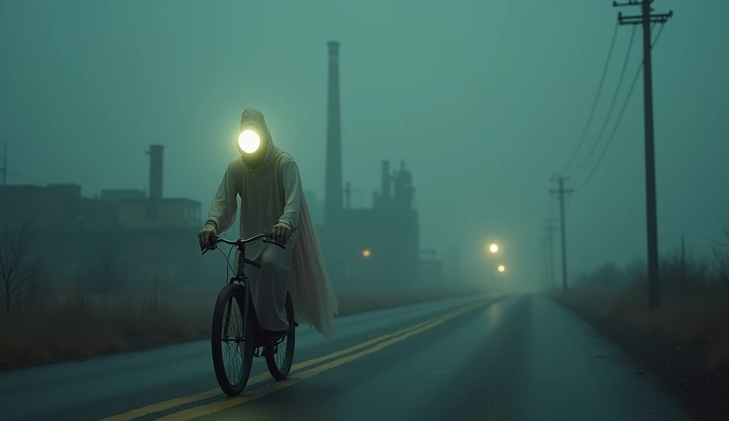 Top quality, masterpiece, deserted road background, riding a bicycle, wearing a pastel colored long cloth, a creature with a light bulb as a head, detailed image texture, eerie, horror, creepy atmosphere (not AI image), dark night, foggy, factories nearby