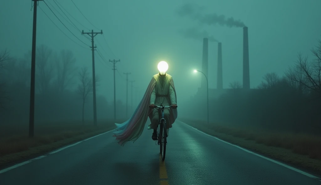 Top quality, masterpiece, deserted road background, riding a bicycle, wearing a pastel colored long cloth, a creature with a light bulb as a head, detailed image texture, eerie, horror, creepy atmosphere (not AI image), dark night, foggy, factories nearby