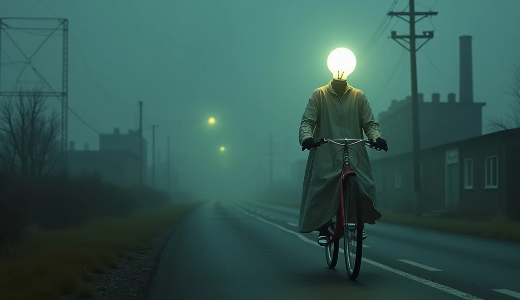 Top quality, masterpiece, deserted road background, riding a bicycle, wearing a pastel colored long cloth, a creature with a light bulb as a head, detailed image texture, eerie, horror, creepy atmosphere (not AI image), dark night, foggy, factories nearby
