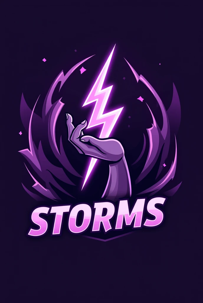 Uma logo de um time de volei feminino com o nome storms 💜 com a temática roxa uns raios roxos e uma mão segurando o raio