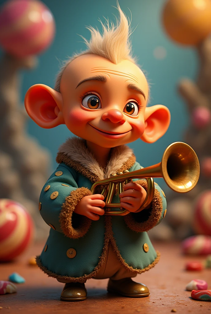 Bald Oompa Loompa from Charlie and the Chocolate Factory playing the trumpet