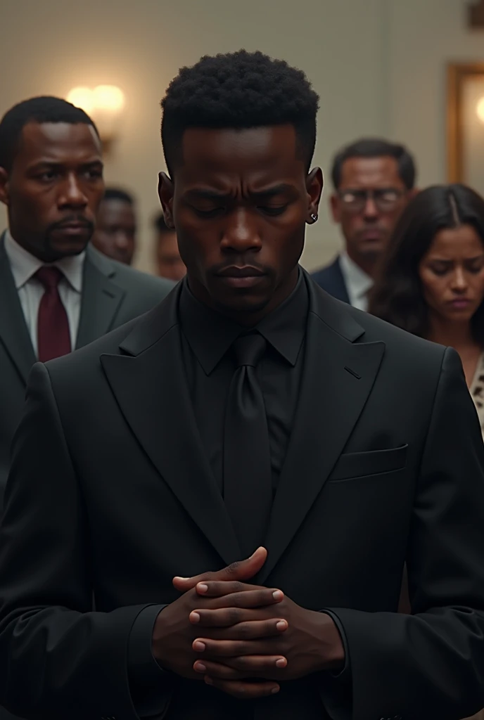 young black man at a funeral with sad expression